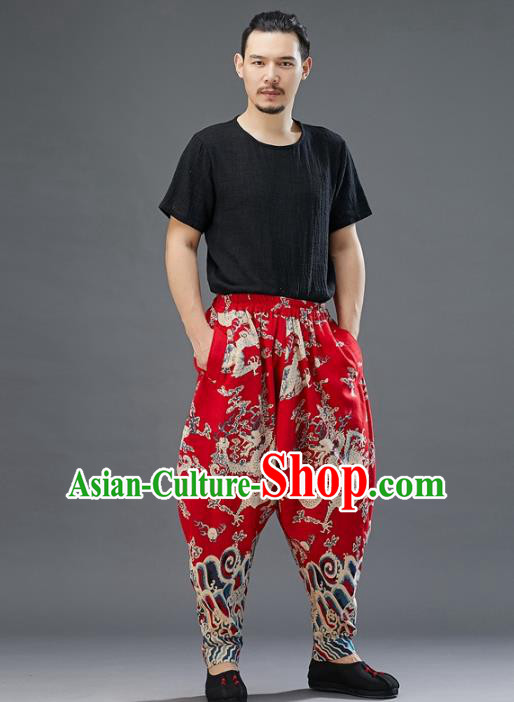 Chinese National Printing Dragons Red Flax Pants Traditional Tang Suit Costume Printing Dragon Bloomers Trousers for Men