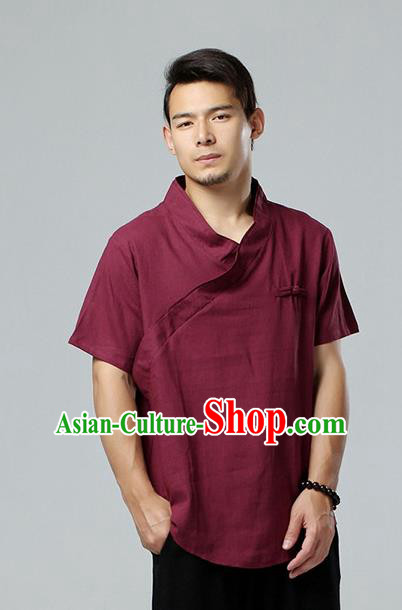 Chinese National Wine Red Flax Slant Opening Shirt Traditional Tang Suit Short Sleeve Upper Outer Garment Costume for Men
