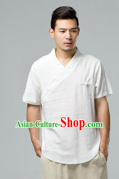 Chinese National White Flax Slant Opening Shirt Traditional Tang Suit Short Sleeve Upper Outer Garment Costume for Men