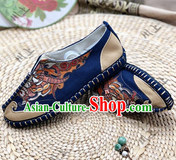 Chinese Traditional National Navy Cloth Shoes Martial Arts Shoes Men Shoes Handmade Multi Layered Shoes Embroidered Shoes