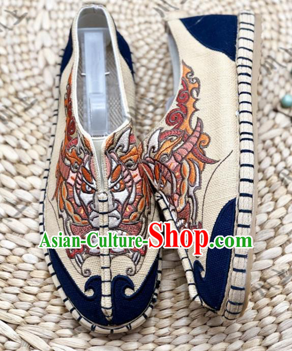 Chinese Traditional National Khaki Cloth Shoes Martial Arts Shoes Men Shoes Handmade Multi Layered Shoes Embroidered Shoes
