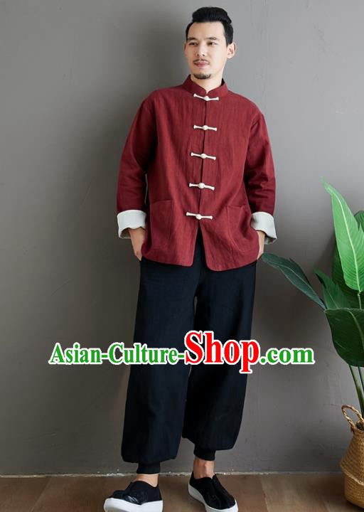 Chinese National Sun Yat Sen Red Flax Jacket Traditional Tang Suit Outer Garment Coat Costume for Men