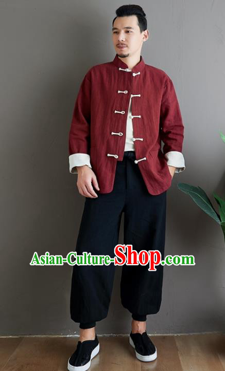 Chinese National Sun Yat Sen Red Flax Jacket Traditional Tang Suit Outer Garment Coat Costume for Men