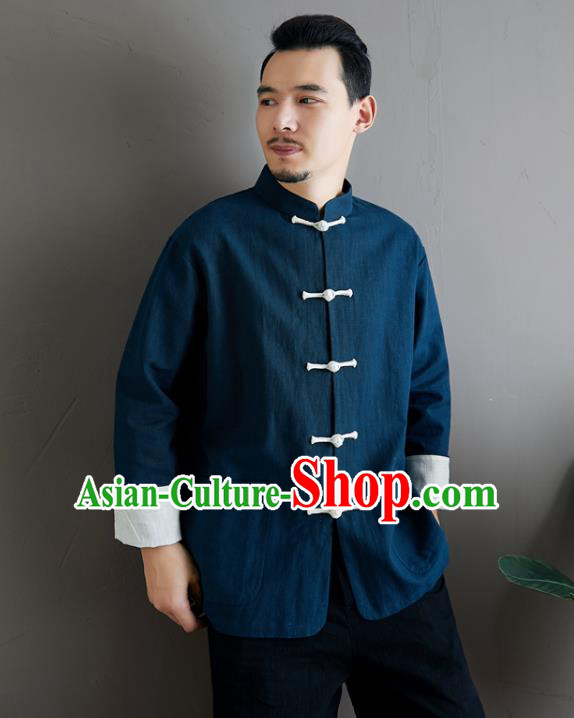 Chinese National Sun Yat Sen Blue Flax Jacket Traditional Tang Suit Outer Garment Coat Costume for Men