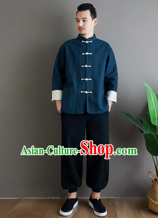 Chinese National Sun Yat Sen Blue Flax Jacket Traditional Tang Suit Outer Garment Coat Costume for Men