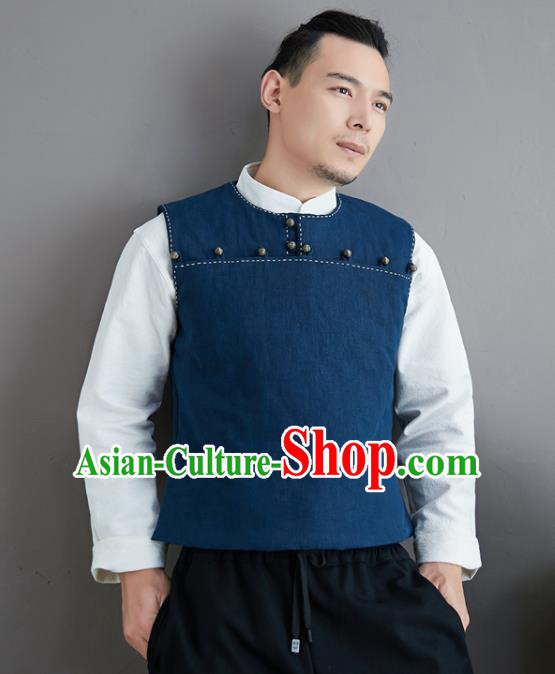 Chinese National Blue Ramine Vest Traditional Tang Suit Upper Outer Garment Waistcoat Costume for Men