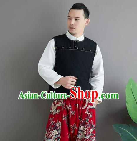 Chinese National Black Ramine Vest Traditional Tang Suit Upper Outer Garment Waistcoat Costume for Men