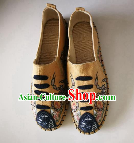 Chinese Traditional National Embroidered Khaki Flax Shoes Martial Arts Shoes Men Shoes Handmade Shoes