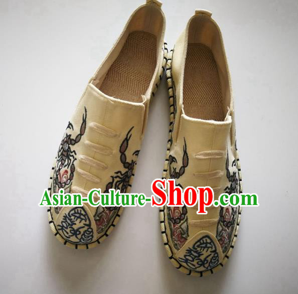 Chinese Traditional National Embroidered Beige Flax Shoes Martial Arts Shoes Men Shoes Handmade Shoes