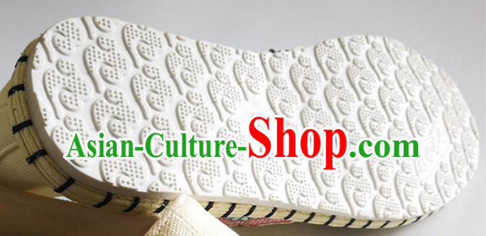 Chinese Traditional National Embroidered Beige Flax Shoes Martial Arts Shoes Men Shoes Handmade Shoes