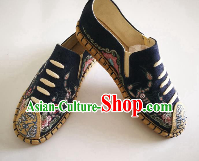 Chinese Traditional National Embroidered Navy Flax Shoes Martial Arts Shoes Men Shoes Handmade Shoes