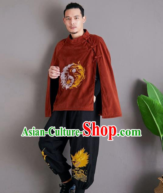 Chinese National Embroidered Red Cloak Traditional Tang Suit Outer Garment Corduroy Coat Costume for Men