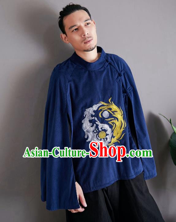 Chinese National Embroidered Royalblue Cloak Traditional Tang Suit Outer Garment Corduroy Coat Costume for Men