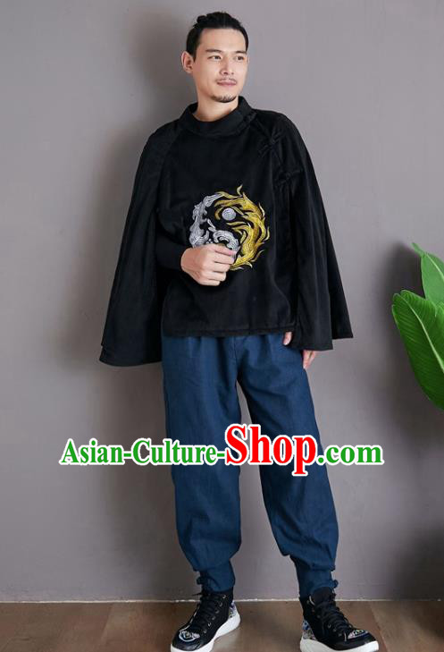 Chinese National Embroidered Black Cloak Traditional Tang Suit Outer Garment Corduroy Coat Costume for Men