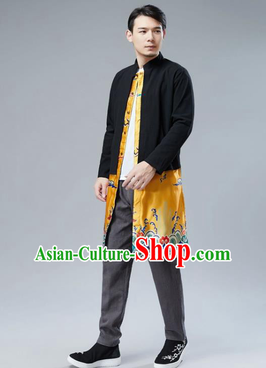 Chinese National Yellow Satin Coat Traditional Tang Suit Outer Garment Overcoat Costume for Men