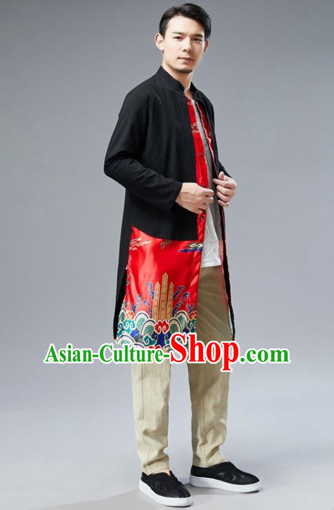 Chinese National Red Satin Coat Traditional Tang Suit Outer Garment Overcoat Costume for Men