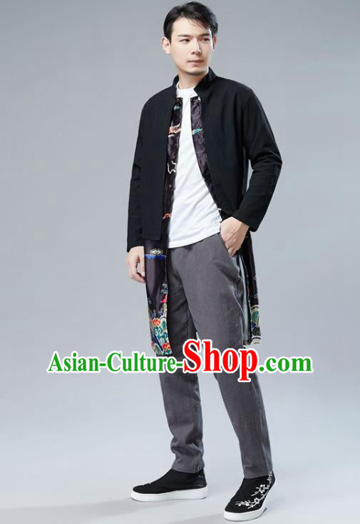 Chinese National Black Satin Coat Traditional Tang Suit Outer Garment Overcoat Costume for Men