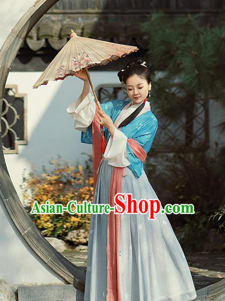 Traditional Chinese Tang Dynasty Village Lady Costumes Ancient Young Female Hanfu Dress  Half Sleeved Garment Blouse and Skirt Complete Set