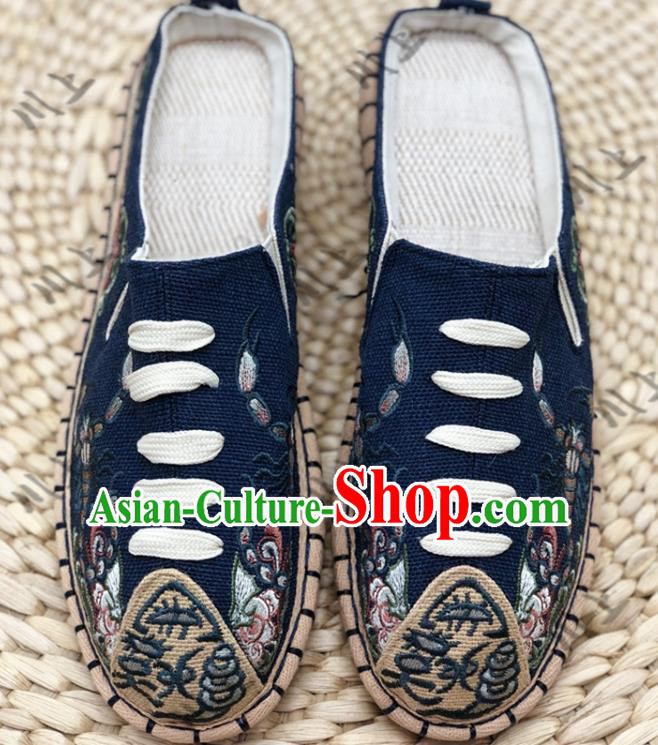 Chinese Traditional National Navy Flax Shoes Martial Arts Shoes Men Shoes Handmade Shoes Embroidered Slippers