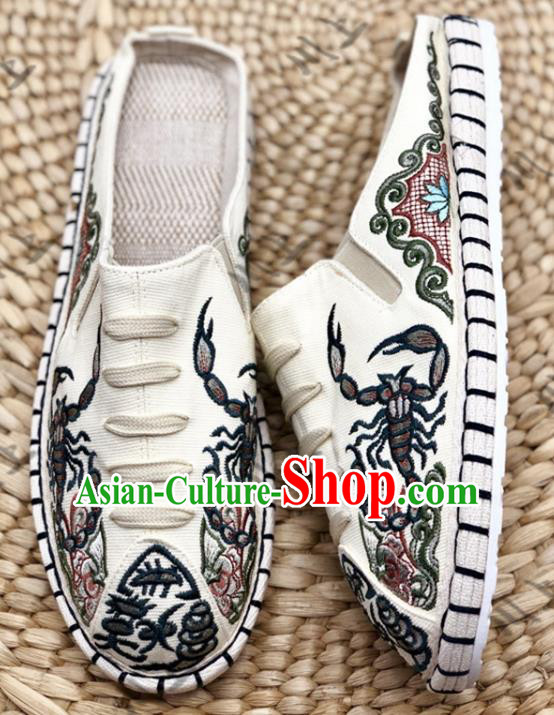 Chinese Traditional National Beige Flax Shoes Martial Arts Shoes Men Shoes Handmade Shoes Embroidered Slippers