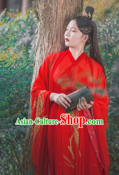 Traditional Chinese Jin Dynasty Noble Childe Wedding Costumes Ancient Swordsman Red Hanfu Clothing Complete Set