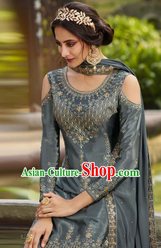 Asian India National Punjab Costumes Asia Indian Traditional Embroidered Gray Blue Dress Sari and Loose Pants for Women