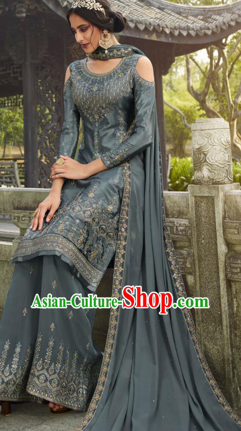 Asian India National Punjab Costumes Asia Indian Traditional Embroidered Gray Blue Dress Sari and Loose Pants for Women