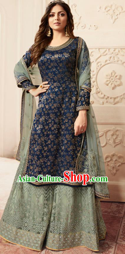 Asian India National Punjab Costumes Asia Indian Traditional Embroidered Navy Long Blouse Sari and Green Loose Pants for Women