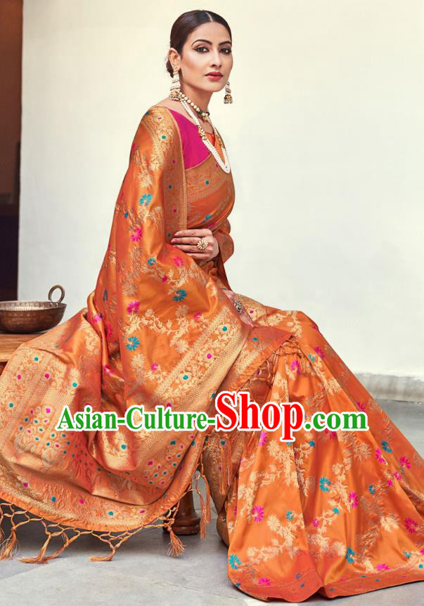Asian India National Saree Costumes Asia Indian Bride Traditional Magenta Blouse and Orange Silk Sari Dress for Women