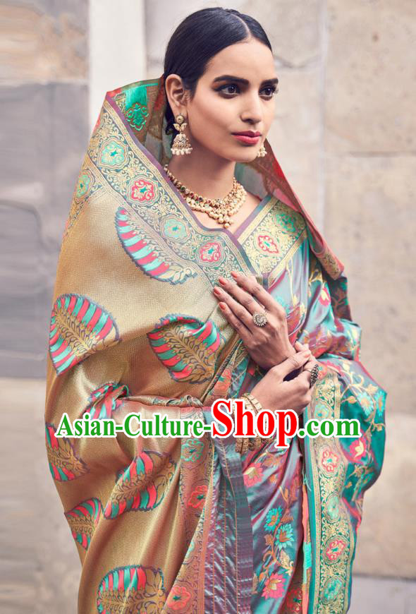 Asian India National Saree Costumes Asia Indian Bride Traditional Rosy Blouse and Grey Silk Sari Dress for Women