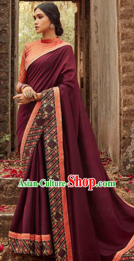 Asian India National Saree Costumes Asia Indian Bride Traditional Blouse and Embroidered Purple Silk Sari Dress for Women