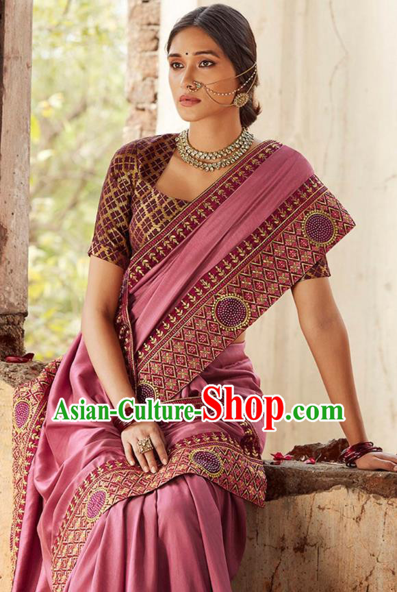 Asian India National Saree Costumes Asia Indian Bride Traditional Blouse and Embroidered Pink Silk Sari Dress for Women