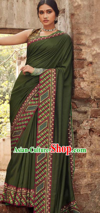 Asian India National Saree Costumes Asia Indian Bride Traditional Blouse and Embroidered Olive Green Silk Sari Dress for Women