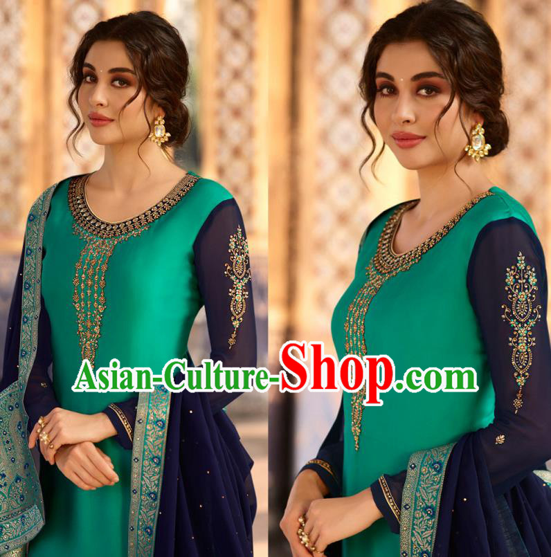 Asian India National Court Punjab Costumes Asia Indian Traditional Embroidered Turquoise Satin Blouse Sari and Loose Pants for Women