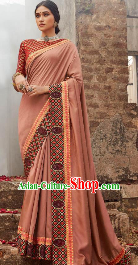 Asian India National Saree Costumes Asia Indian Bride Traditional Blouse and Embroidered Peach Pink Silk Sari Dress for Women