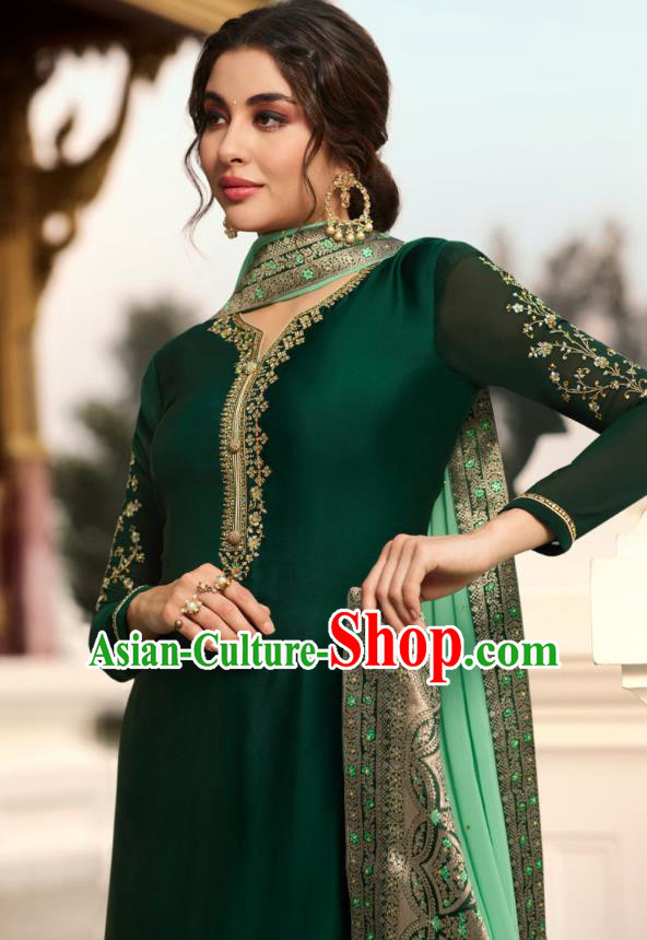 Asian India National Court Punjab Costumes Asia Indian Traditional Embroidered Deep Green Satin Blouse Sari and Loose Pants for Women