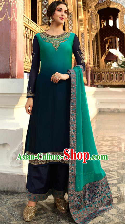 Asian India National Court Punjab Costumes Asia Indian Traditional Embroidered Peacock Blue Satin Blouse Sari and Loose Pants for Women