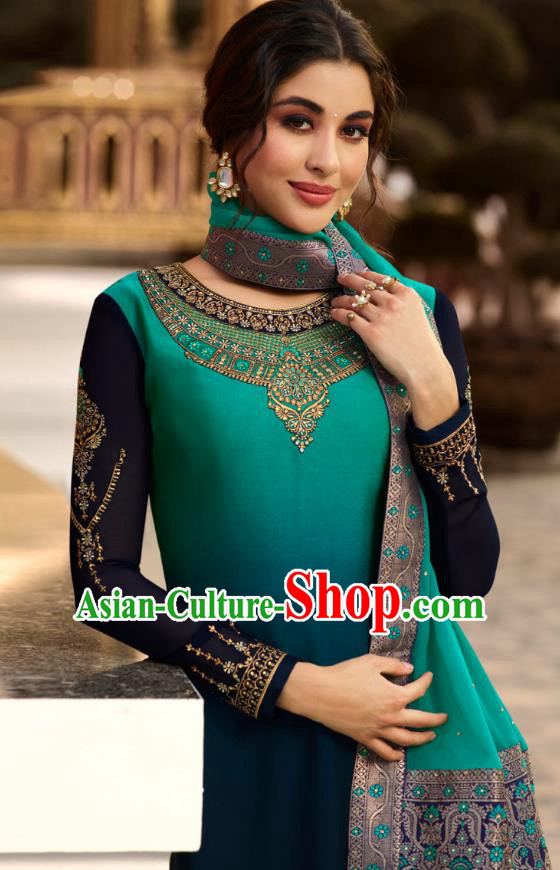 Asian India National Court Punjab Costumes Asia Indian Traditional Embroidered Peacock Blue Satin Blouse Sari and Loose Pants for Women