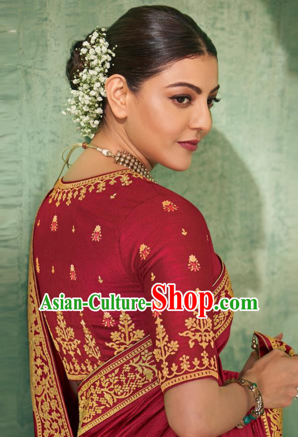 Asian India Bollywood National Dance Maroon Silk Saree Asia Indian Traditional Court Princess Blouse and Sari Dress Costumes for Women