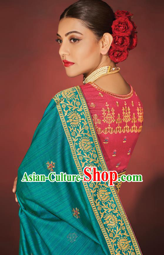 Asian India Bollywood National Dance Aqua Blue Silk Saree Asia Indian Traditional Court Princess Blouse and Sari Dress Costumes for Women