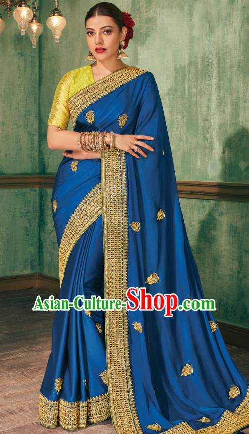 Asian India Bollywood National Dance Deep Blue Silk Saree Asia Indian Traditional Court Princess Blouse and Sari Dress Costumes for Women
