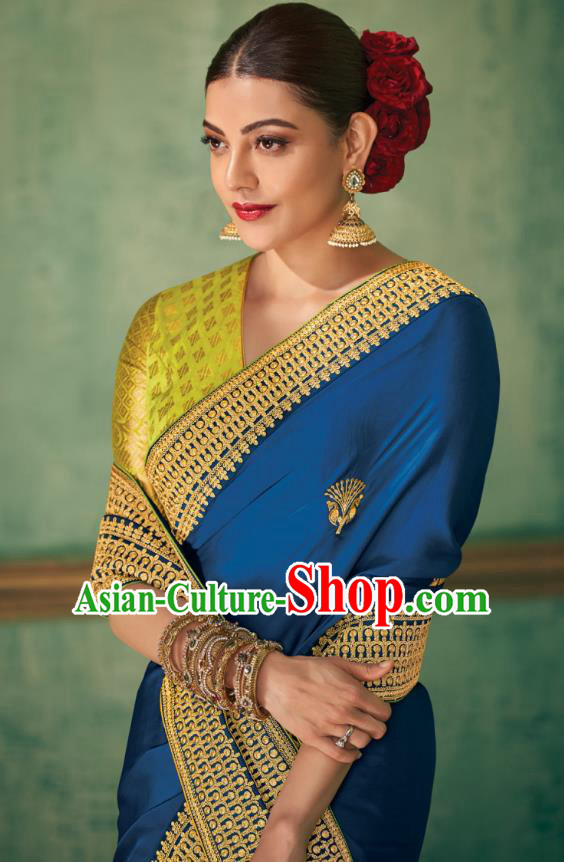 Asian India Bollywood National Dance Deep Blue Silk Saree Asia Indian Traditional Court Princess Blouse and Sari Dress Costumes for Women