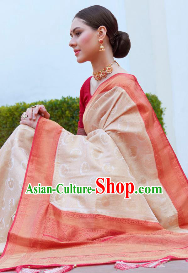 Asian India Bollywood Apricot Silk Saree Asia Indian Traditional Court Princess Blouse and Sari Dress National Dance Costumes for Women