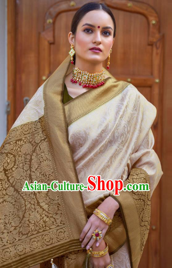 Asian India Bollywood Beige Silk Saree Asia Indian Traditional Court Princess Blouse and Sari Dress National Dance Costumes for Women