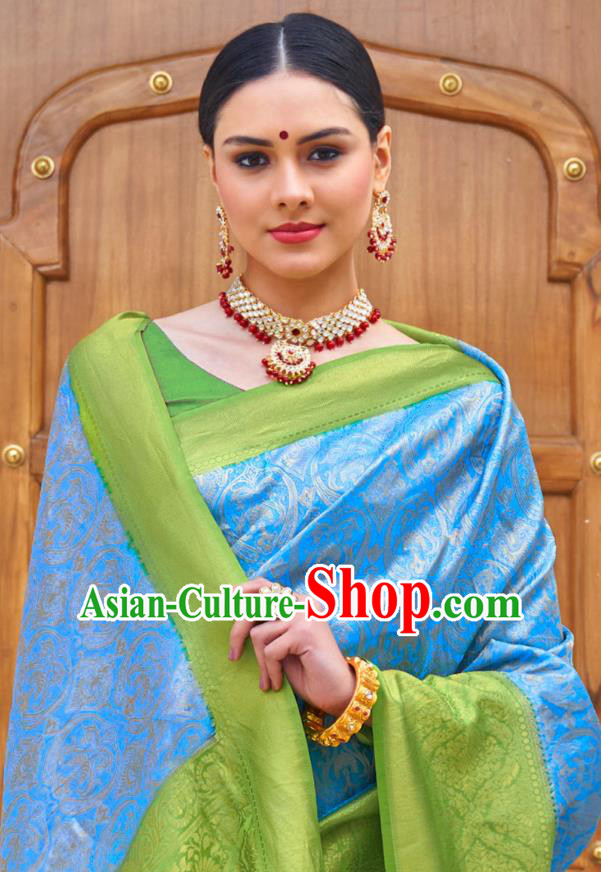 Asian India Bollywood Blue Silk Saree Asia Indian Traditional Court Princess Blouse and Sari Dress National Dance Costumes for Women