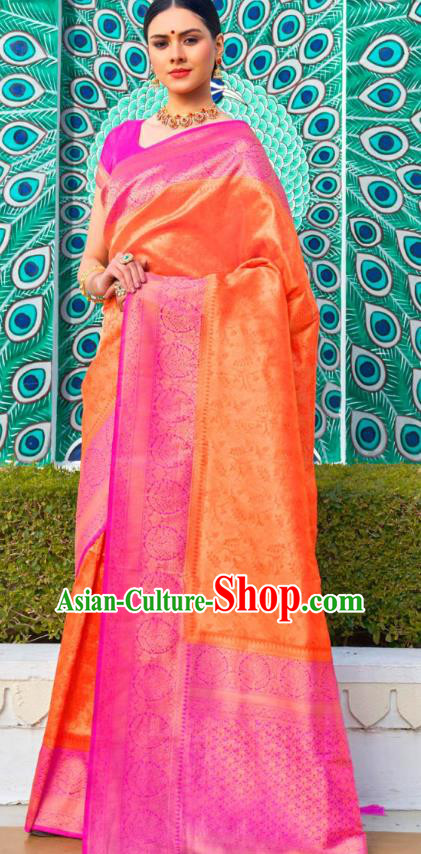 Asian India Bollywood Orange Silk Saree Asia Indian Traditional Court Princess Blouse and Sari Dress National Dance Costumes for Women