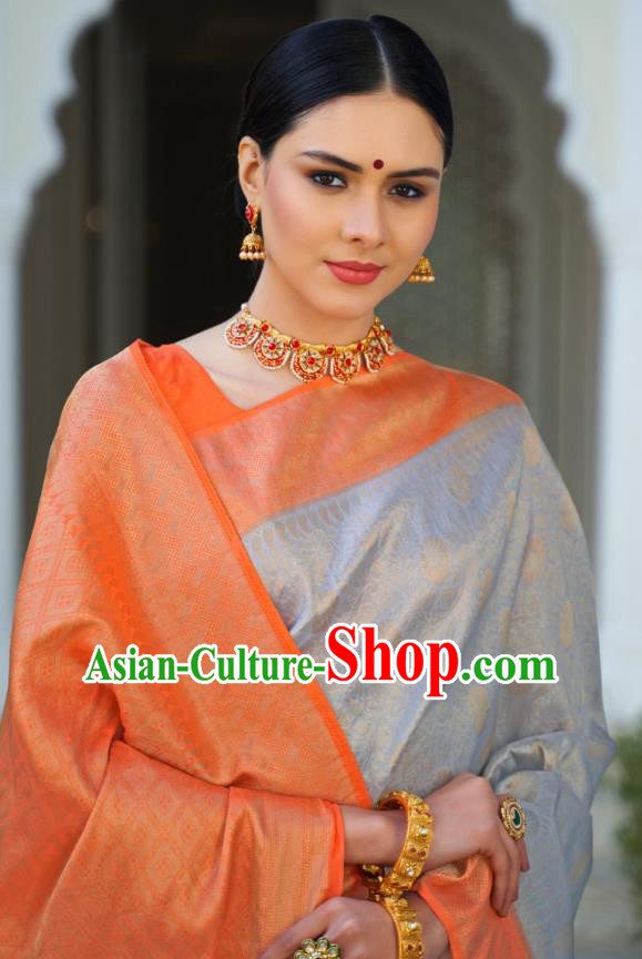 Asian India Bollywood Gray Silk Saree Asia Indian Traditional Court Princess Blouse and Sari Dress National Dance Costumes for Women