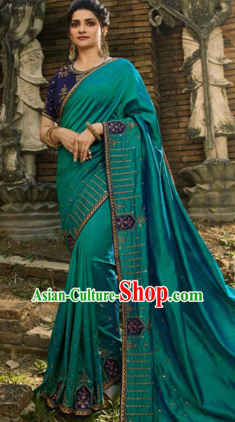 Asian India National Wedding Teal Green Silk Saree Costumes Asia Indian Bride Traditional Blouse and Embroidered Sari Dress for Women
