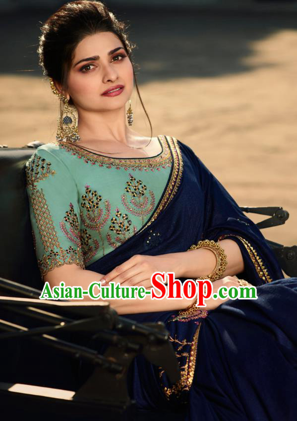 Asian India National Wedding Navy Silk Saree Costumes Asia Indian Bride Traditional Blouse and Embroidered Sari Dress for Women