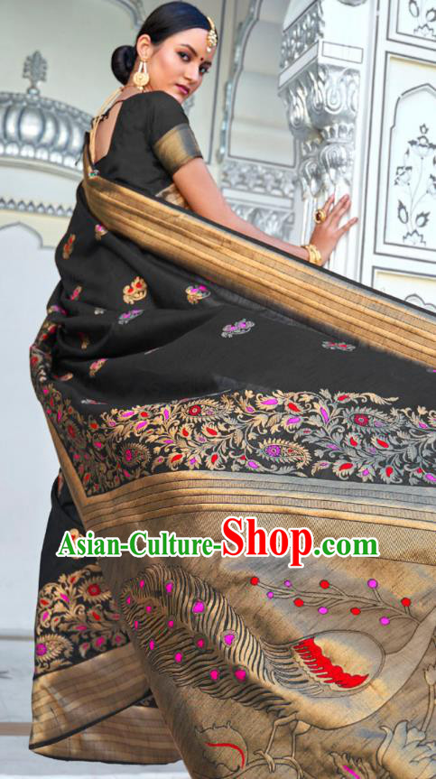 Asian India Festival Bollywood Black Silk Saree Asia Indian National Dance Costumes Traditional Court Princess Blouse and Sari Dress for Women